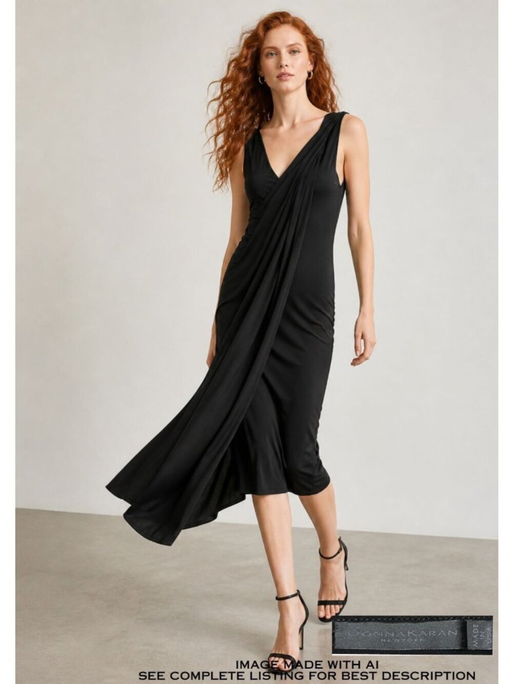 VTG Donna Karan Black Label Asymmetric Draped Midi Dress M Sleeveless Minimalist